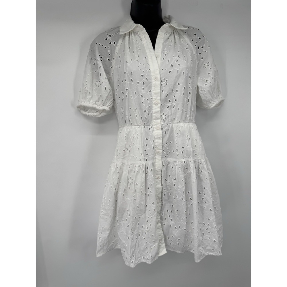 A New Day White Puff Sleeve Eyelet Cotton Dress XS cottagecore fairy boho beachy - Picture 10 of 11